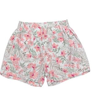 BRIGGS Womens Size M White Pink Floral Elastic Waist Casual Shorts Linen Blend